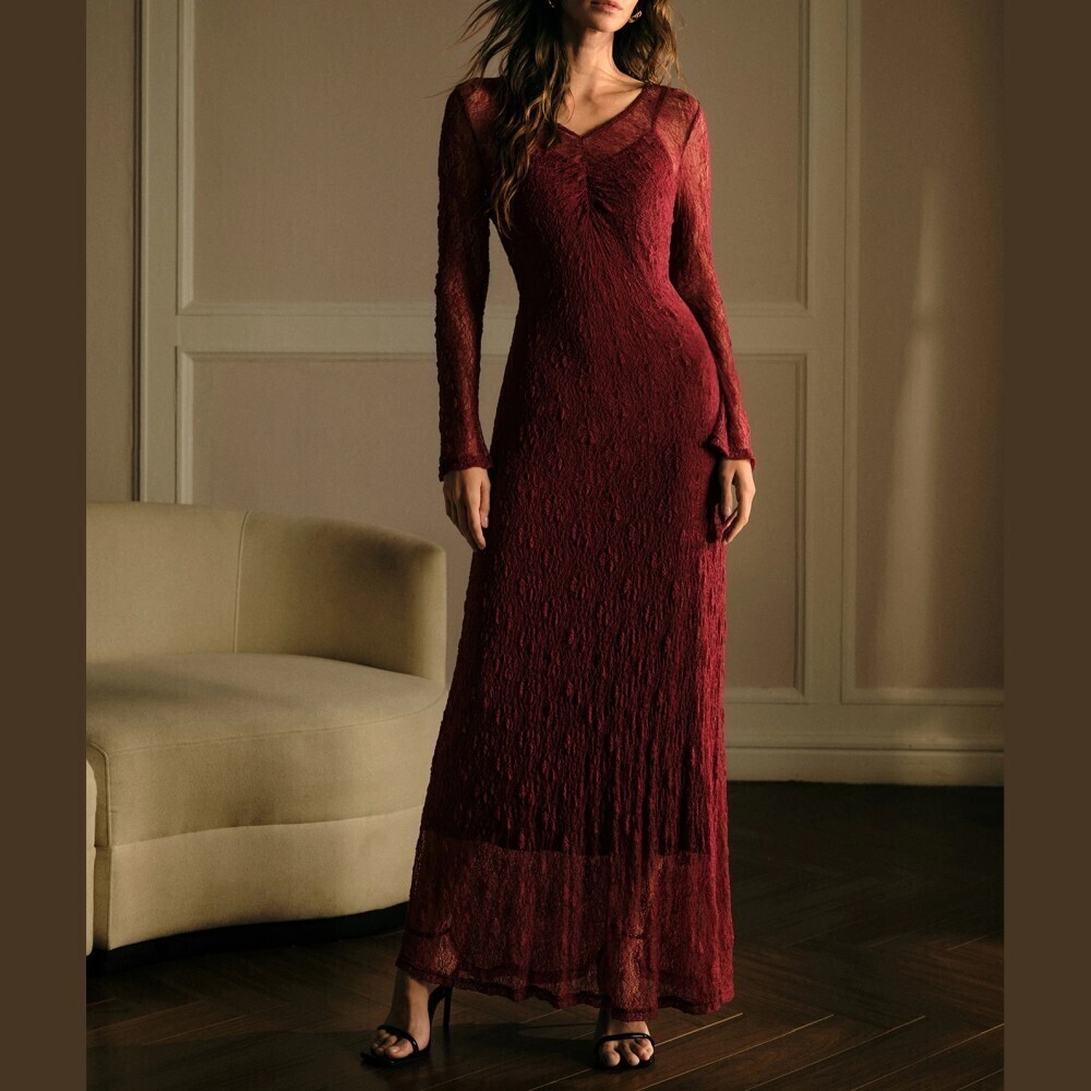 Burgundy Lace V Neck Long Sleeve Ruched Bust Slim Fit Maxi Dress